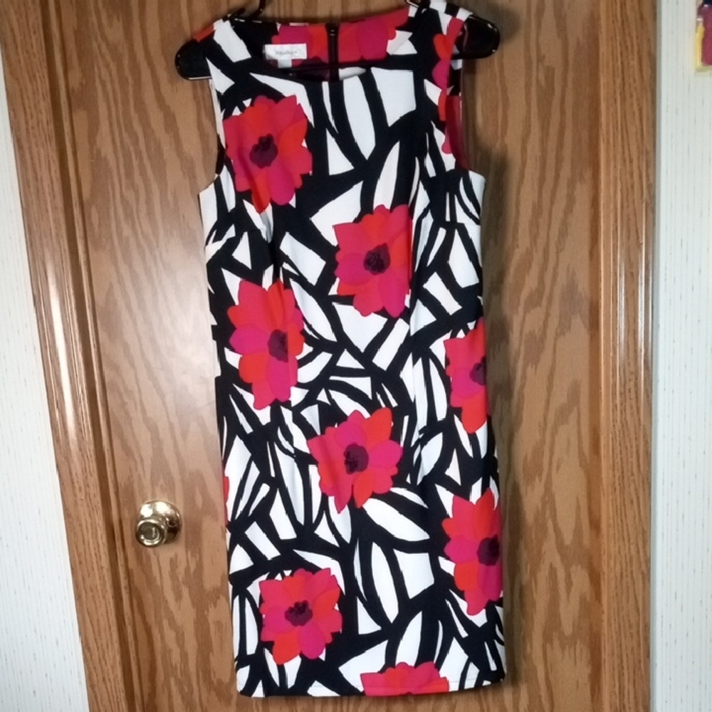 Dressbarn Red and Black Sheath Midi Dress Crew Neck Sleeveless Office Summer, Va